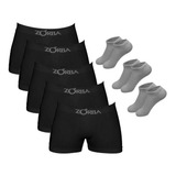 Kit 5 Cuecas Boxer Algodão Zorba Preto + 3 Pares De Meias