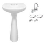 Kit Lavabo Y Pedestal Blanco Con Mezcladora Y Conexiones