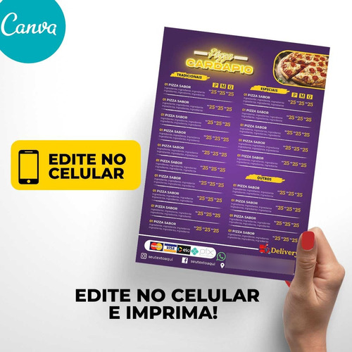 Menu Cardápio Para Pizzaria Edite E Imprima Fácil - Mod: 019