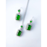  Juego Verde Esmeralda  Collar + Aretes Totalmente En Rodio!