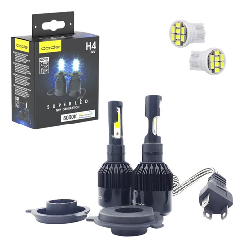 Par Super Led Foco Simples H4 Farol Alto + Baixo 8000k