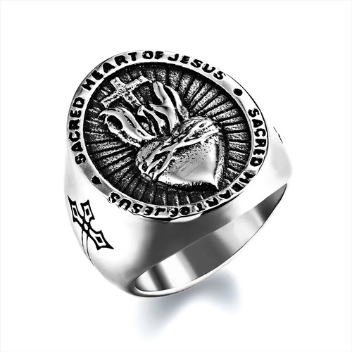 Anillo Acero Inoxidable 316 Corazón Sagrado Elegante Hombre