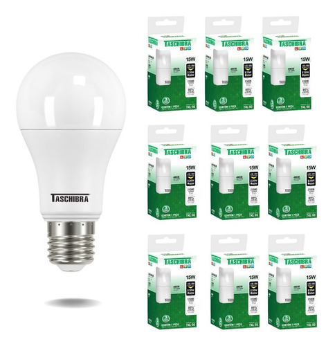 Kit 10 Lâmpada Led Bulbo 15w 4000k Luz Neutra E27 Taschibra 