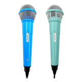 Kit 2 Microfones Verde Azul Karaoke Igreja Bar Com Cabo 