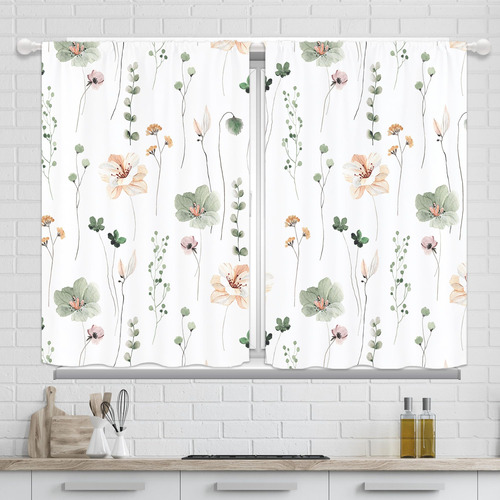 Cortinas Bohemias De Cocina Con Flores Rústicas 2 Paneles Pe