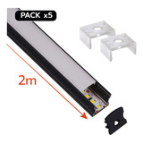 Pack 5: Perfil De Aluminio Para Tira De Led 2 Metros Casa Luz Negro Mica Blanca