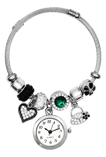 Reloj Mujer Dama Pulsera Acero Dije Corazon Negro + Estuche 