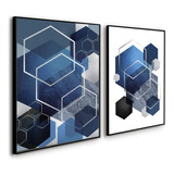 Kit 2 Quadros Abstratos Formas Azul Premium Arte A3 33x24cm