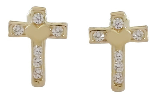 Amor Eterno - Broquel Aretes Cruz Corazón Diamante / Oro 10k