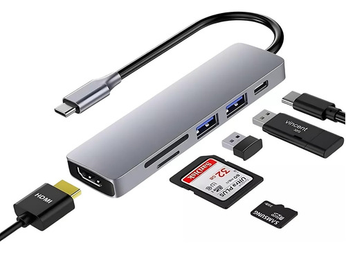 6 En 1 Usb Hub Adaptador Sd Pd Tipo C Hdmi 4k Para Mac iPad