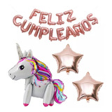 Kit Globos Decoración Unicornio Feliz Cumpleaños Oro Rosa