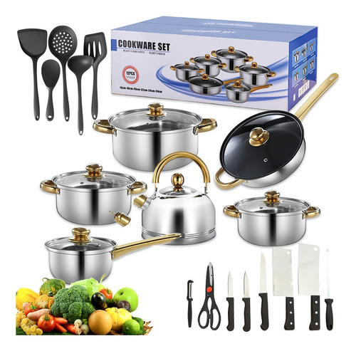 Completa Bateria De Cocina Antiadherente Inoxidable 25 Pcs