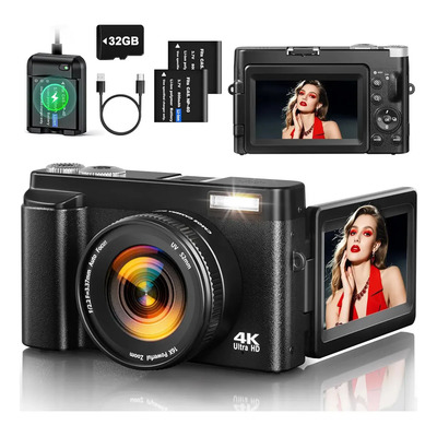 Cámara Digital 4k Para Fotografía Con Enfoque Automático, Cámara De Vlogging De 48 Mp Para Youtube Con Tarjeta Sd De 32 Gb, 2 Baterías, Pantalla Abatible De 3 Y 180°, Cámara Compacta Con Zoom De 16x | Meses sin interés