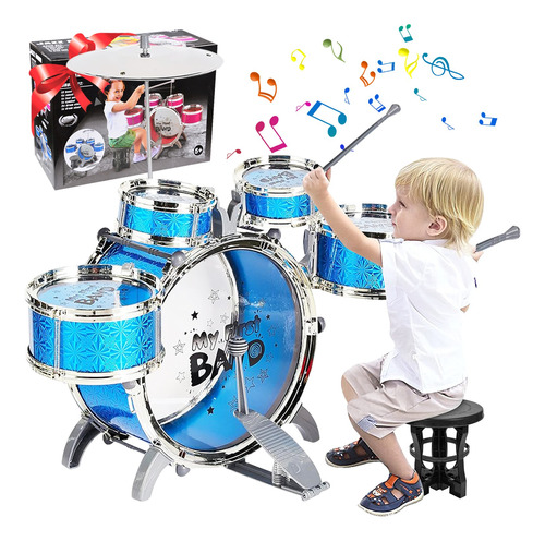 Batería Musical Niños Drum Juguetes Con Banco Baquetas 10pcs