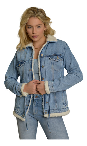 Jaqueta Parka Jeans Feminina Forrada Em Sherpa Azul Claro