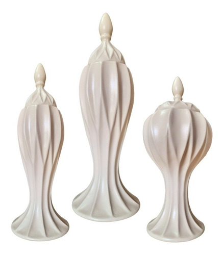 Trio Potiche Cerâmica Vasos Com Tampa Decoração Sala Rack