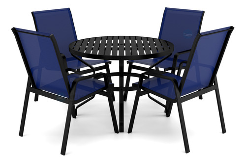 Mesa 4 Cadeiras Ripado Piscina Alumínio Preto E Tela Azul