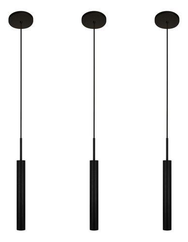 Kit 3 Pendentes Luminária Teto Tubo Sala Cama Preto 40cm