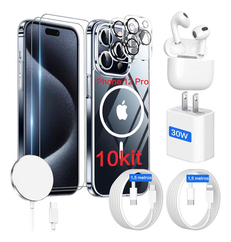 10kit Cargador Magnético Para iPhone 30w + Audifono + Funda