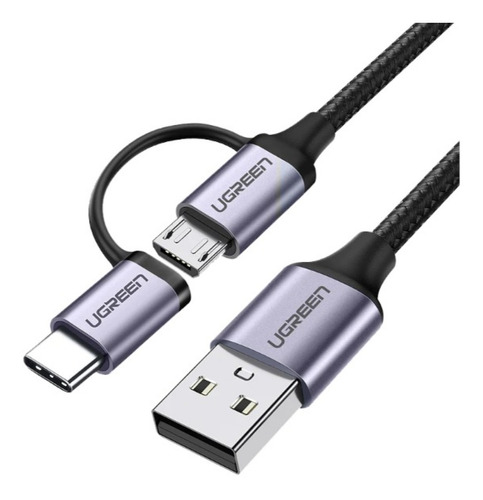 Ugreen Cable Usb 2.0 A A Micro Usb + Usb-c Trenzado 1m Negro