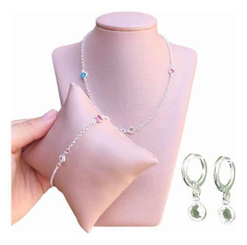 Colar Chocker + Pulseira + Brinco Argola Pedras A Prata 925