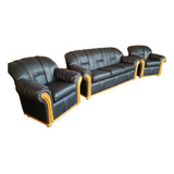 Juego Sillones Living 3c Apliques Madera Ecocuero Premium