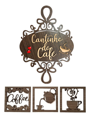 Placa Decorativa Ambiente Cantinho Do Café + Trio De Quadros