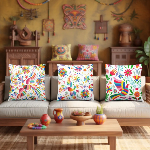 Juego 3 Fundas Cojines De Sala Arte Mexicano Otomí Colorido