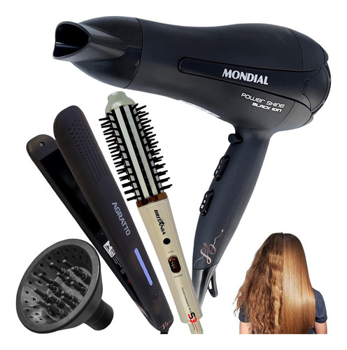 Secador De Cabelo 2000w Difusor Chapinha E Escova Modeladora