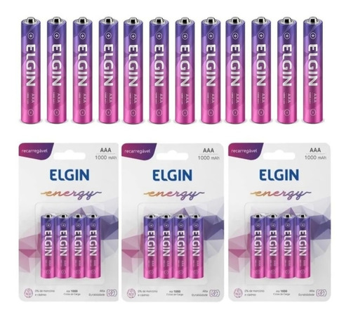 12 Pilhas Recarregável Elgin Aaa 1000mah 3 Cartela C/ 4 Unid