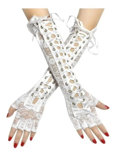 Guantes Blanco Encaje Mujer Novia Liston Disfraz Gotico Hall