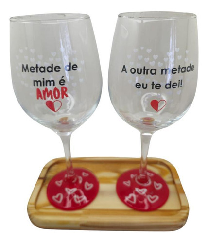 Kit 2 Taças Bandeja Namorados Casal Amor Personalizada Vinho