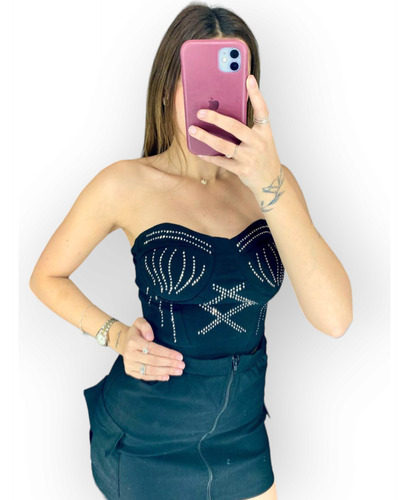 Top Corset Strapless Bengalina C/ Strass / Brillos Y Push Up