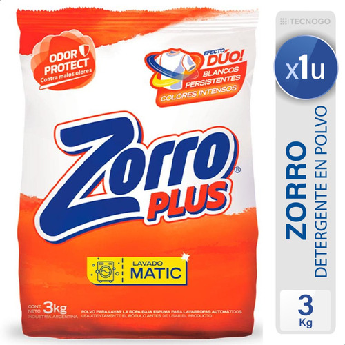 Detergente En Polvo Zorro Plus Lavado Matic X 3 Kg X 3 Unid.