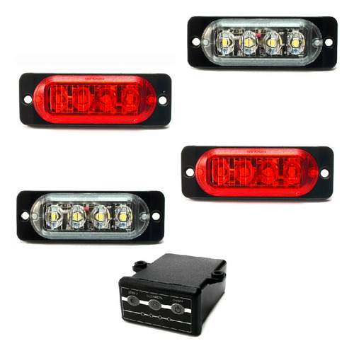 4 Estrobo Vermelho Branco Led 12v Polícia Som Carro Moto Van