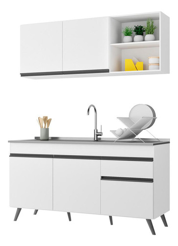 Armário De Cozinha Compacta 150cm Veneza Multimóveis V2079 Cor Branco/preto