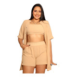 Três Peças Dunas  Trio Conjunto Short + Cropped + Kimono 