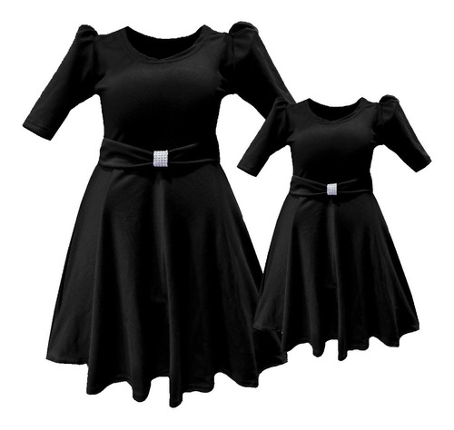 Vestido Tal Mãe Tal Filha Rodado Manga 3/4 Bufante E Cinto