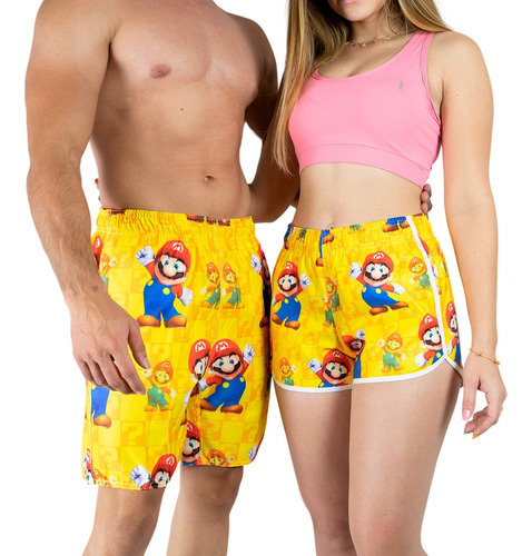 Kit Short Praia Casal Mario Bross Tac Tel Envio Imediato