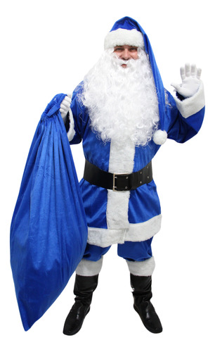 Roupa Papai Noel Azul + Barba Peruca Luvas Fantasia Adulto