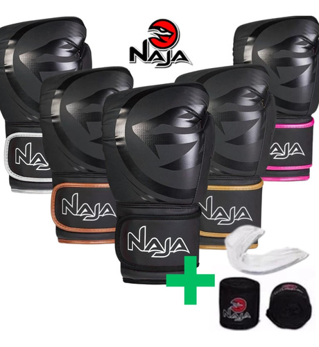 Kit Luva Muay Thai Boxe Naja Black Line Com Bucal E Bandagem