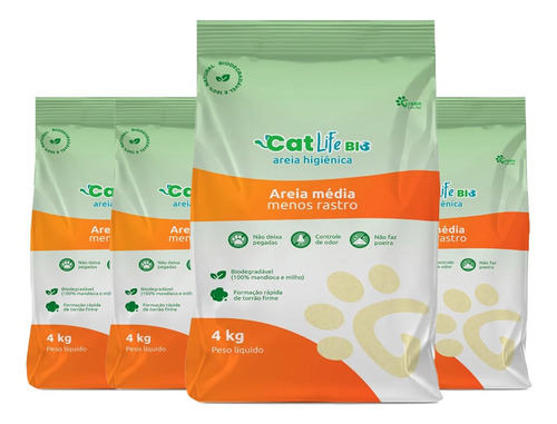 Kit 4 Areias Higiênica Cat Life Bio Média P/ Gatos 4kg