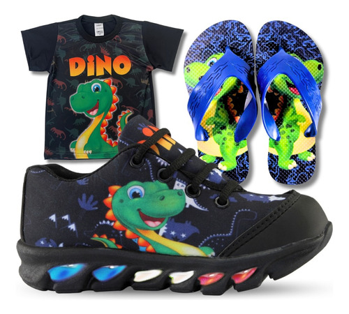 Kit Tenis Infantil De Led Dino Dinossauro + Chinelo+camisa