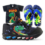 Kit Tenis Infantil De Led Dino Dinossauro + Chinelo+camisa