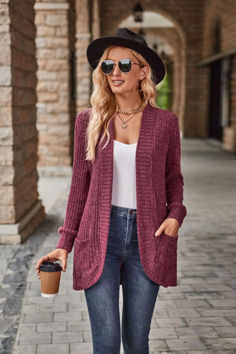 Acogedora Chaqueta De Punto Cálido Para Mujer Con Bolsillos