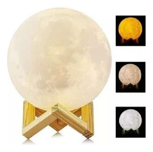 Lámpara Luna 12 Cm 3d Luz Led Colores + Base Madera Color De