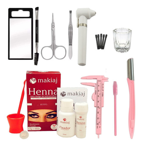 Kit Profissional Henna Makiaj Navalha + Pincel + Paquimetro Cor Ruivo