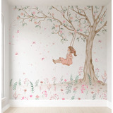 Papel De Parede Menina Balanço Com Flor Infantil Pp517 8m²