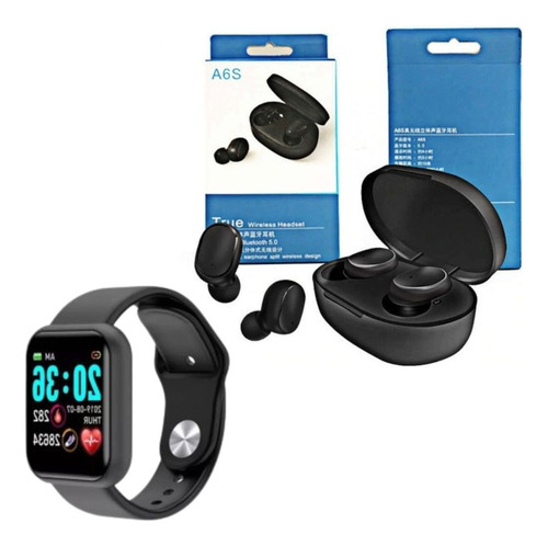 Smartwatch D20 Negro + Auriculares Inalámbricos A6s Premium