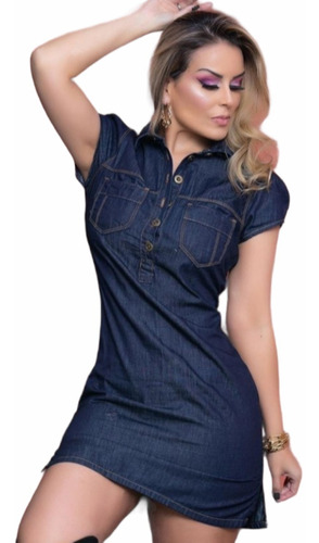 Vestido Jeans Escuro Chamise Camisão Moderno Tendência 